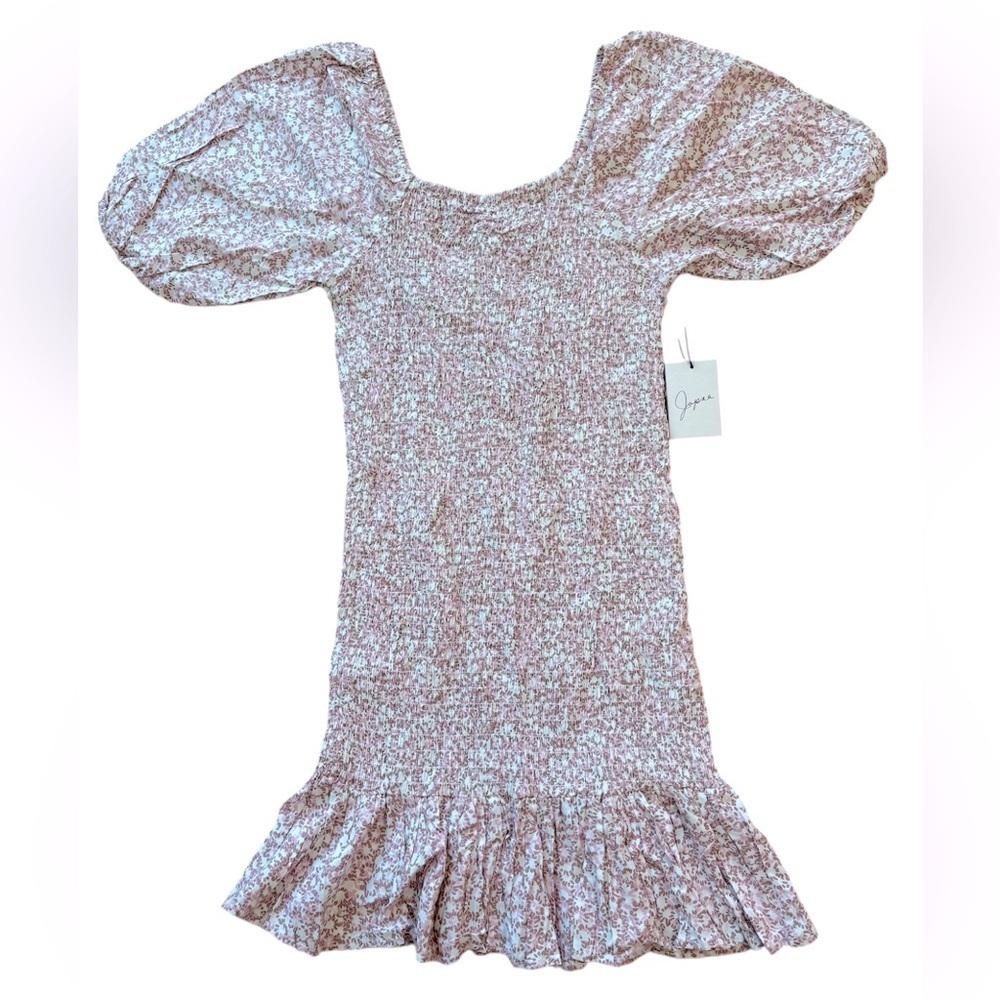 Japna Ditsy Floral Smocked Dress Puff Sleeve Ruffle Hem Stretch Pink M NEW